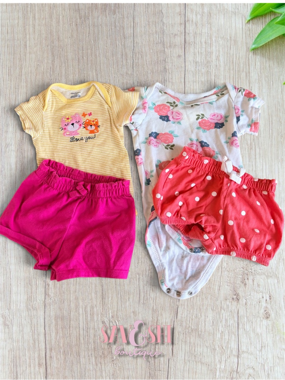 Carter's Yellow Striped & Floral Bodysuits with Hot Pink and Coral Shorts